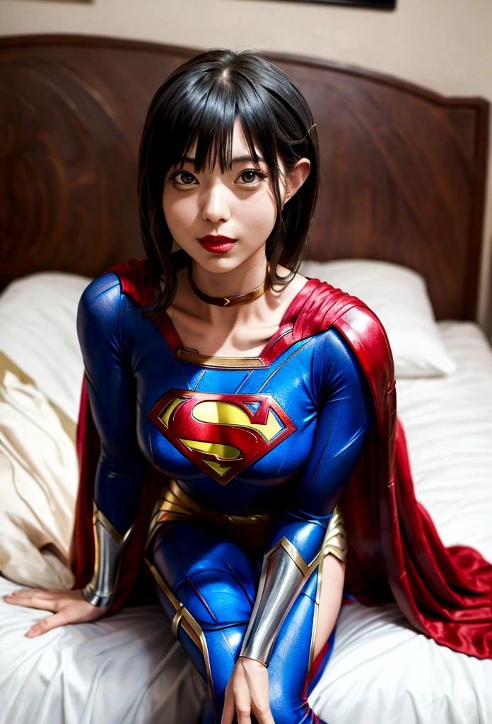 mujer araffe disfrazada de superman sentada en una cama con un perro, cosplay completo, cosplay profesional, superchica, fotografía de mal humor artgerm, super model, aly cayó y artgerm, superman, con capa, vistiendo traje de héroe, alena aenami and artgerm, foto de cosplay, capturado en canon eos r 6 