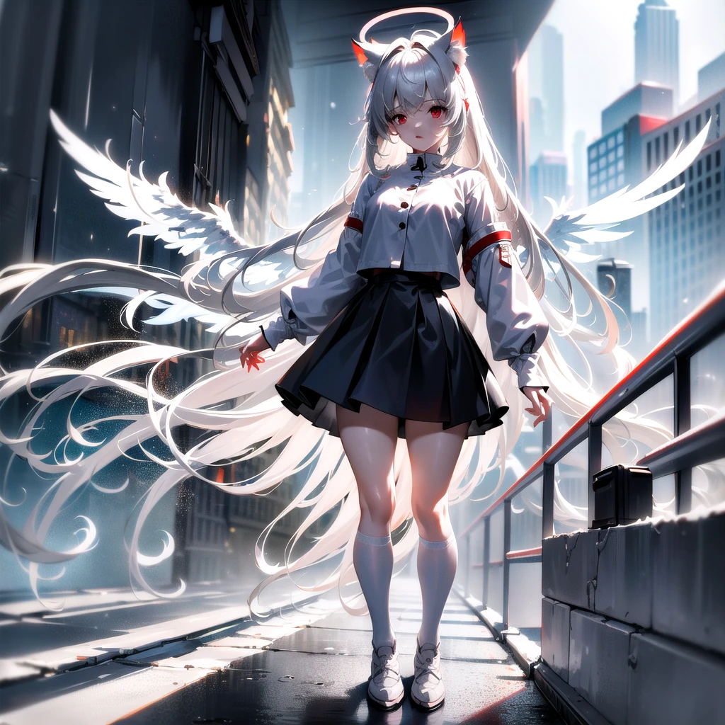 masterpiece, highest quality, highest resolution, clear_image, detailed details, White hair, long hair, cat ears, 1 girl, red eyes, white lab coat (with a black short skirt), gray futuristic halo (gray halo over the head), white wings (6 wings), cute, full body, no water marks, snow, city