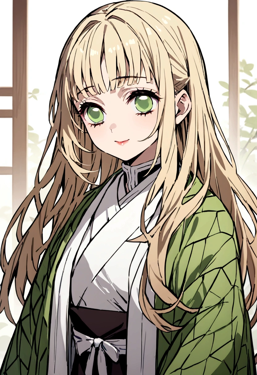 Masterpiece, Best Quality, a girl、light blonde hair、long hair、green eyes、wearing haori、smiley、Kimetsu no Yaiba、 