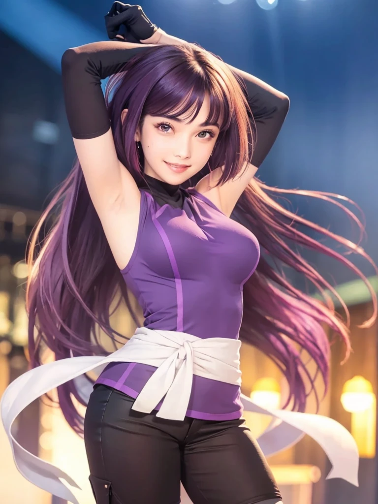 A beautiful girl, high quality, real details, color details, face details, eyes details, intricate details, smile face, smooth glowing skin, 3D image, medium contrast, cinematic lighting, realistic, masterpiece, 8K, thin face, front bangs hair, long hair with purple color, purple eyes, smiling , pink mouth, a girl with a purple sleeveless shirt, large breast size, 2 hands, 2 hand raised, 5 fingers, showing armpits, smooth armpit, black shorts.