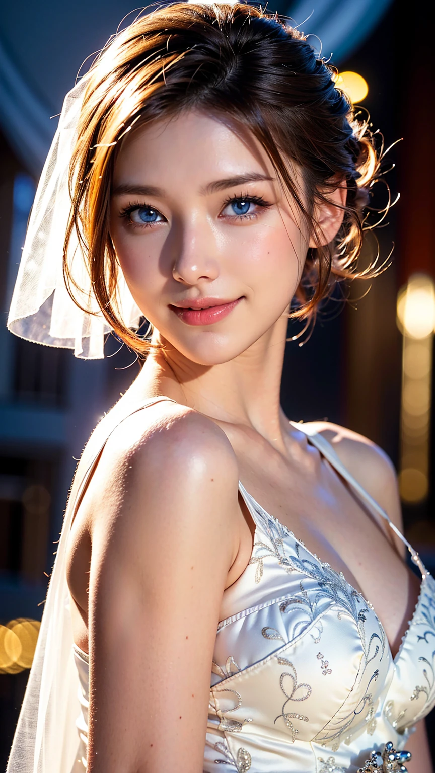 bride、Wedding Style、Wedding Styleの写真、Luxury dresses、church、Light clothing、Formal Wear、night景、illumination、blue eyes、blonde、short hair、Hair tied up、Full body photo、Sexy Face、short hair、 Complete look、(((masterpiece)))、((Highest quality))、((超Realistic))、成熟したwoman、成熟したwoman、perspective、Very detailed、The perfect temptation、Best image quality、Fine-grained image quality、beautiful、Europe, woman, French, woman Italian, Italian, smile、blue eyes、jewelry, blue eyes, Realistic, High resolution, Glowing Skin, (Detailed face),jewelry, , night, blonde, Wavy Hair,Attractive appearance, smile,