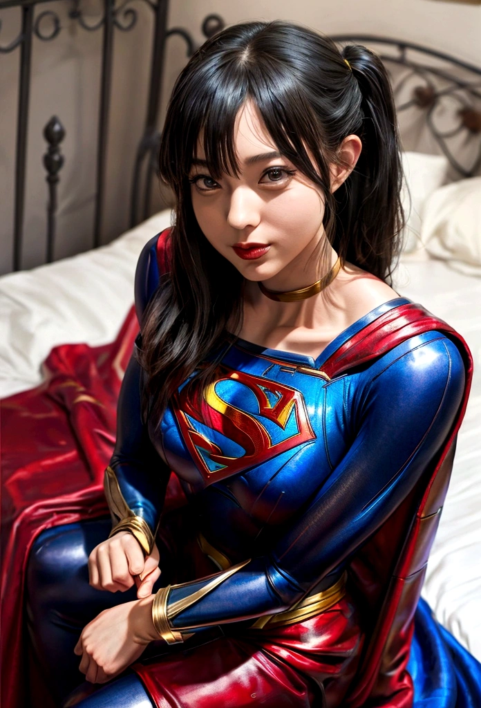 araffe woman in a Super homen costume sitting on a bed with a dog, cosplay completo, cosplay profissional, Supergirl, Artgerm Moody Fotografia, Supermodelo, aly caiu e artgerm, Super homen, com capa, vestindo fantasia de herói, Alena Aenami e Artgerm, foto de cosplay, capturado em canon eos r 6 