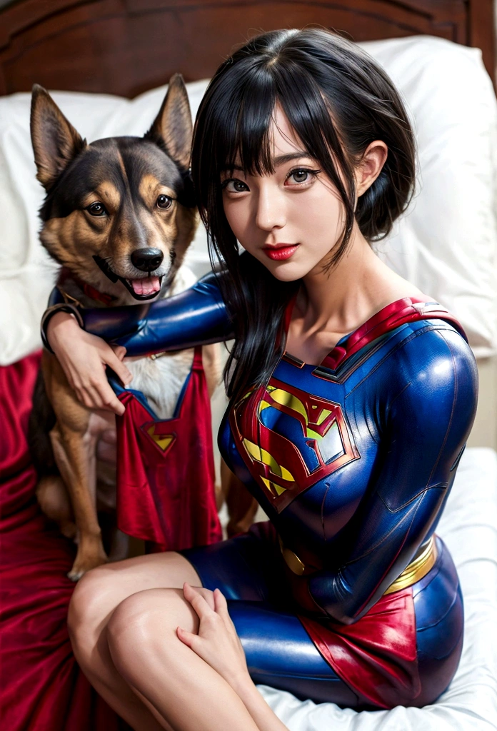 araffe woman in a Super homen costume sitting on a bed with a dog, cosplay completo, cosplay profissional, Supergirl, Artgerm Moody Fotografia, Supermodelo, aly caiu e artgerm, Super homen, com capa, vestindo fantasia de herói, Alena Aenami e Artgerm, foto de cosplay, capturado em canon eos r 6 