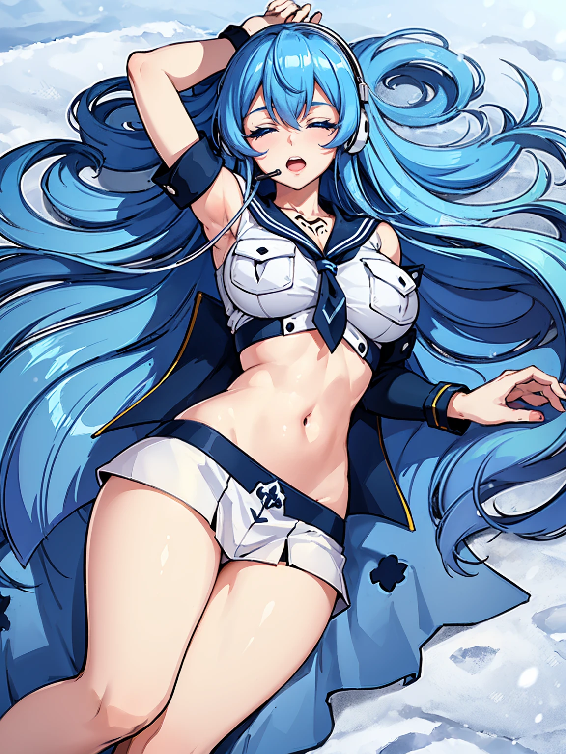 (artwork, best quality) a girl with long blue hair, closed eyes, blue eyelashes, white sailor suit, big breasts, perfect body, beautiful eyes, good waist, tattoo, screaming with joy, arms and legs open, listening to music with a headset, lying in the snow