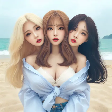 2heads, best resolution, korean woman with three heads, button shir lipstick, different faces, beach