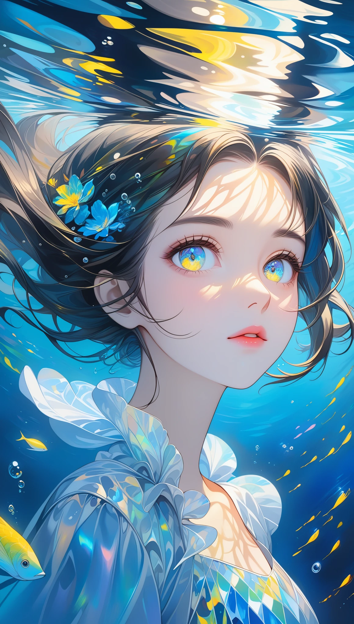 girl swims underwater,hyper detailed render style,glow,yellow,blue,brush,surreal oil painting,shiny eyes,head closeup,exaggerated perspective,tyndall of holographic,water iridescence,background black,