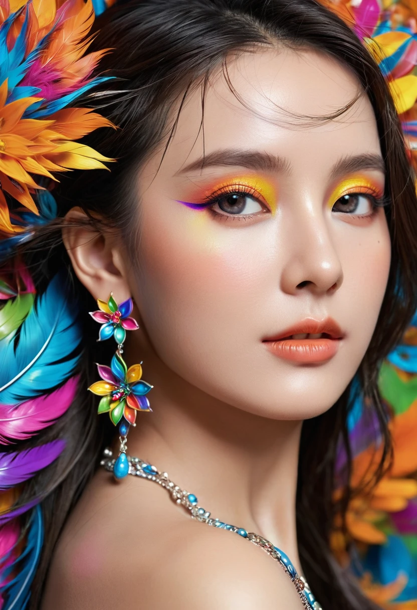 ((fractal art)),((masterpiece,best quality,extremely detailed,ultra high res,detailed background)),(((abstract background))),(1girl),((colorful)),flowers,(shiny skin),((many colors)),(earrings),feathers