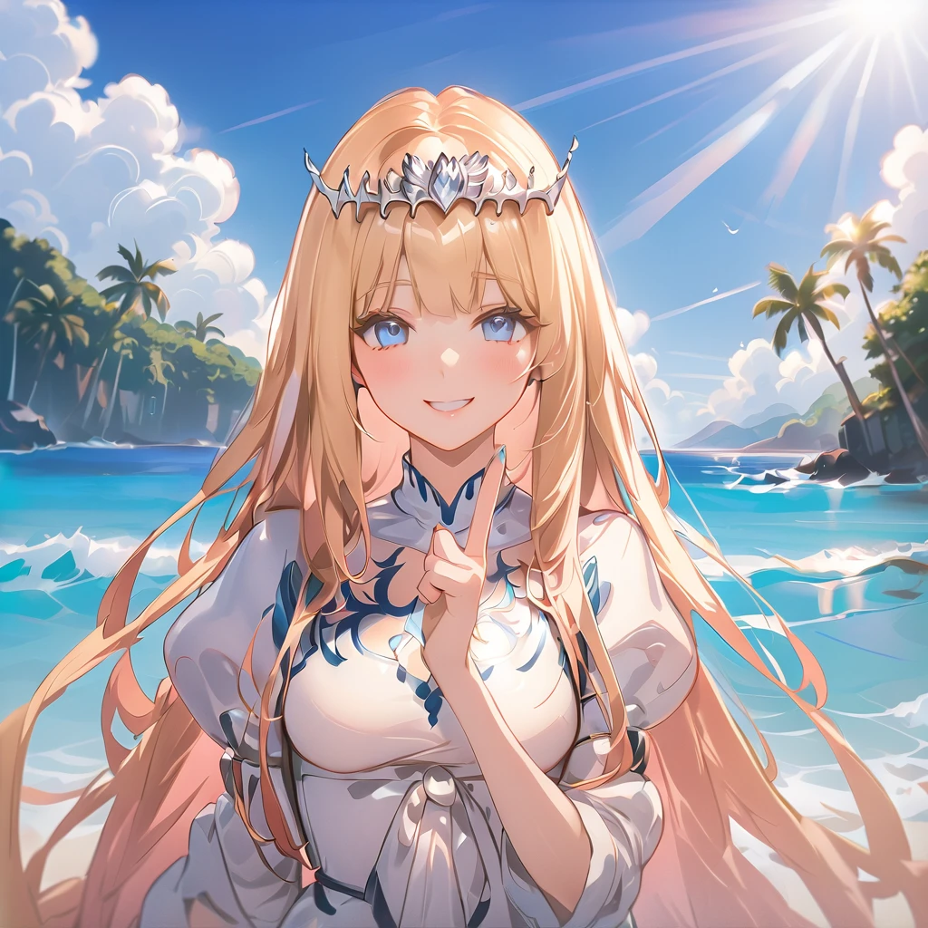 (masterpiece, highest_quality), very be familiar with cg unity 8k wallpaper, wonderful_Are you okay_figure, BREAK  (shy smile), anime style 4k, beautiful anime portrait, anime moe art style, anime art wallpaper 4k, High quality anime art style, anime style portrait, be familiar with digital anime art, anime art wallpaper 8k, anime girl portrait, Hawaii background, blue sea, palm trees, sunlight, whole body, BREAK depth of field, perfect hands, nice fingers, 5_finger, 4_finger,1_thumb, 1girl,solo,  calca, blonde hair, ,( extremely long hair:1.3), very long hair, extra long hair, white tiara, white dress, blue eyes,Calca Bessarez, medium breast,Calca