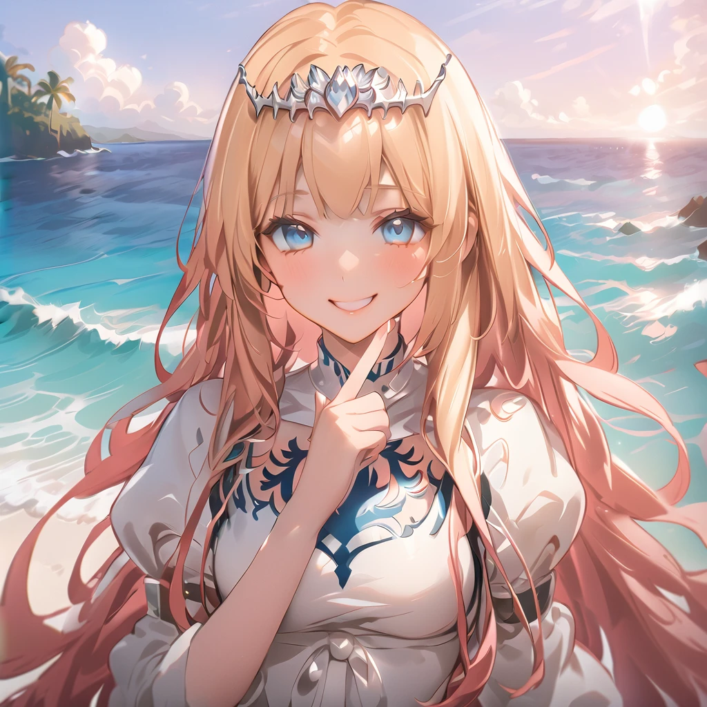 (masterpiece, highest_quality), very be familiar with cg unity 8k wallpaper, wonderful_Are you okay_figure, BREAK  (shy smile), anime style 4k, beautiful anime portrait, anime moe art style, anime art wallpaper 4k, High quality anime art style, anime style portrait, be familiar with digital anime art, anime art wallpaper 8k, anime girl portrait, Hawaii background, blue sea, palm trees, sunlight, whole body, BREAK depth of field, perfect hands, nice fingers, 5_finger, 4_finger,1_thumb, 1girl,solo,  calca, blonde hair, ,( extremely long hair:1.3), very long hair, extra long hair, white tiara, white dress, blue eyes,Calca Bessarez, medium breast,Calca