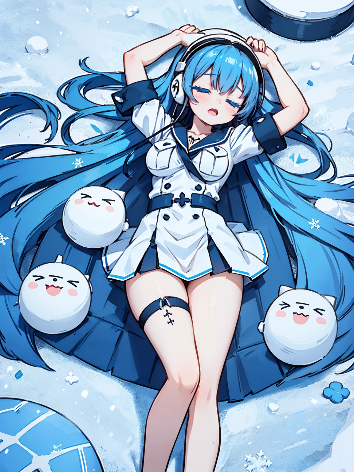(artwork, best quality) a girl with long blue hair, closed eyes, blue eyelashes, white sailor suit, big breasts, perfect body, beautiful eyes, good waist, tattoo, screaming with joy, arms and legs open, listening to music with a headset, lying in the snow