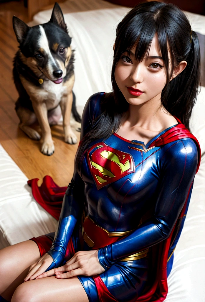 araffe woman in a Super homen costume sitting on a bed with a dog, cosplay completo, cosplay profissional, Supergirl, Artgerm Moody Fotografia, Supermodelo, aly caiu e artgerm, Super homen, com capa, vestindo fantasia de herói, Alena Aenami e Artgerm, foto de cosplay, capturado em canon eos r 6 