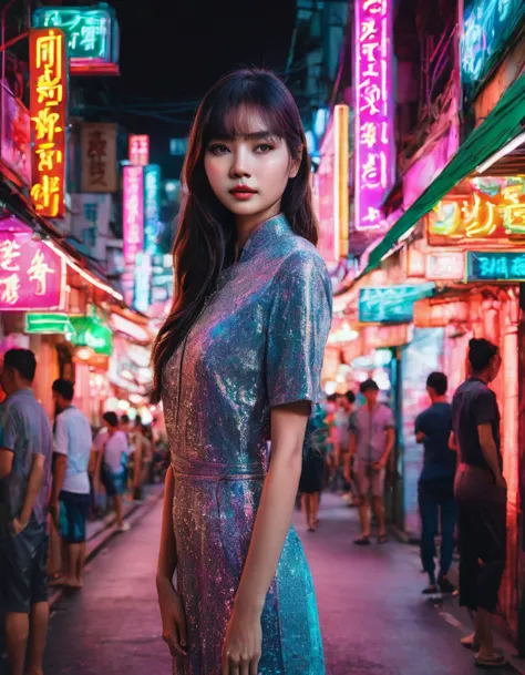 a beautiful young woman, lisa, standing in the middle of yaowarach street in bangkok's china town, surrounded by neon lights and...