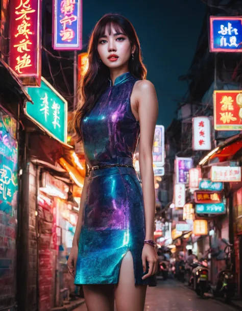 a beautiful young woman, lisa, standing in the middle of yaowarach street in bangkok's china town, surrounded by neon lights and...