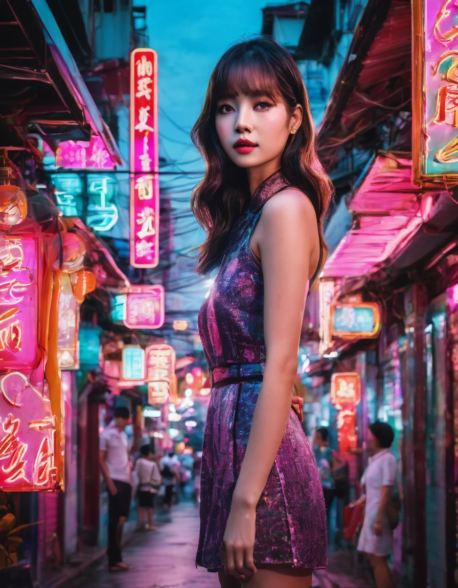 a beautiful young woman, lisa, standing in the middle of yaowarach street in bangkok's china town, surrounded by neon lights and contrast, spotlight on her only, no other people, intricate details, hyper realistic, photo-realistic, masterpiece, 8k, high quality, beautiful vivid colors, dramatic cinematic lighting, stunning composition, captivating atmosphere