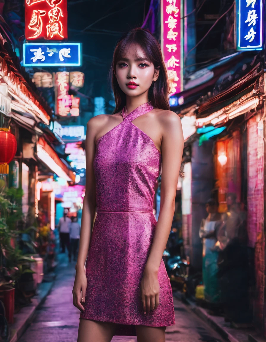 a beautiful young woman, lisa, standing in the middle of yaowarach street in bangkok's china town, surrounded by neon lights and contrast, spotlight on her only, no other people, intricate details, hyper realistic, photo-realistic, masterpiece, 8k, high quality, beautiful vivid colors, dramatic cinematic lighting, stunning composition, captivating atmosphere