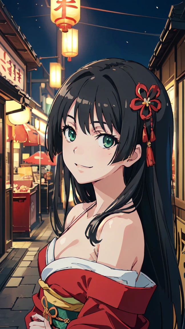  (High resolution:1.4), (masutepiece:1.2), (High quality:1.3) 1girl, saten ruiko, green eyes, long hair, black hair, small breast, Oiran fashion, The city of Kyoto, cinematic lighting,  pov, dynamic angle, off shoulder, smile,