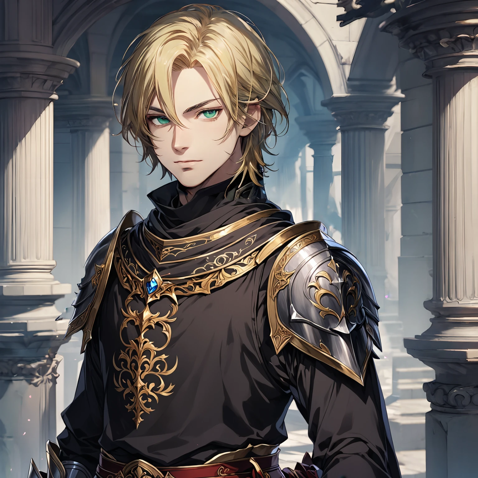 masterpiece, best quality, 1man, adult, male focus, solo, blonde hair, medium hair, vibrant black eyes, looking at viewer, closed mouth, Fantasy aesthetics, Highly detailed, shadowverse style, elite knight