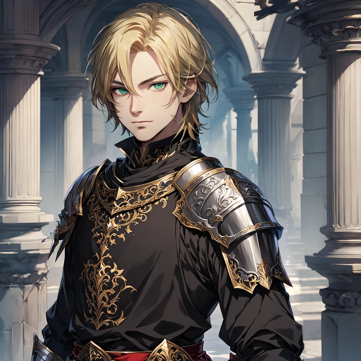 masterpiece, best quality, 1man, adult, male focus, solo, blonde hair, medium hair, vibrant black eyes, looking at viewer, closed mouth, Fantasy aesthetics, Highly detailed, shadowverse style, elite knight