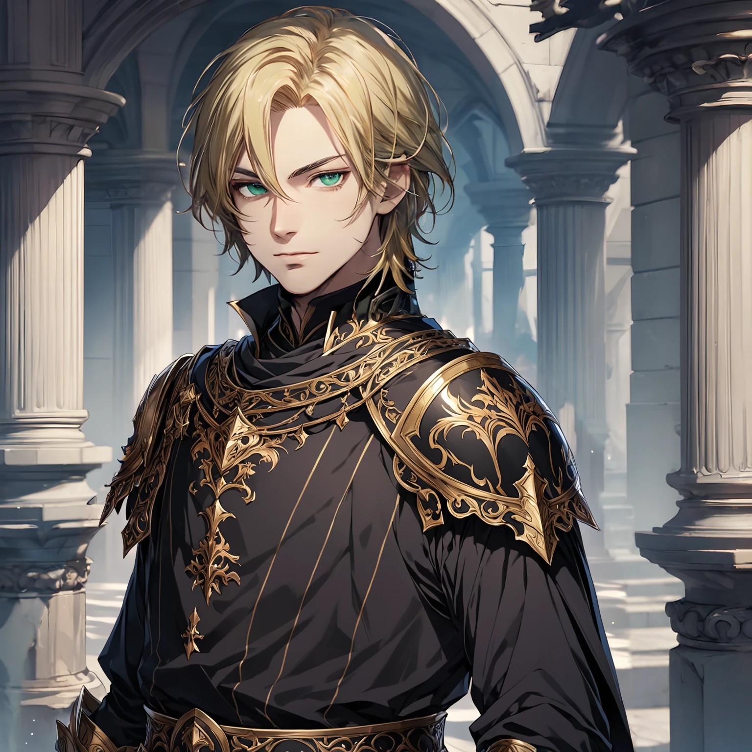 masterpiece, best quality, 1man, adult, male focus, solo, blonde hair, medium hair, vibrant black eyes, looking at viewer, closed mouth, Fantasy aesthetics, Highly detailed, shadowverse style, elite knight