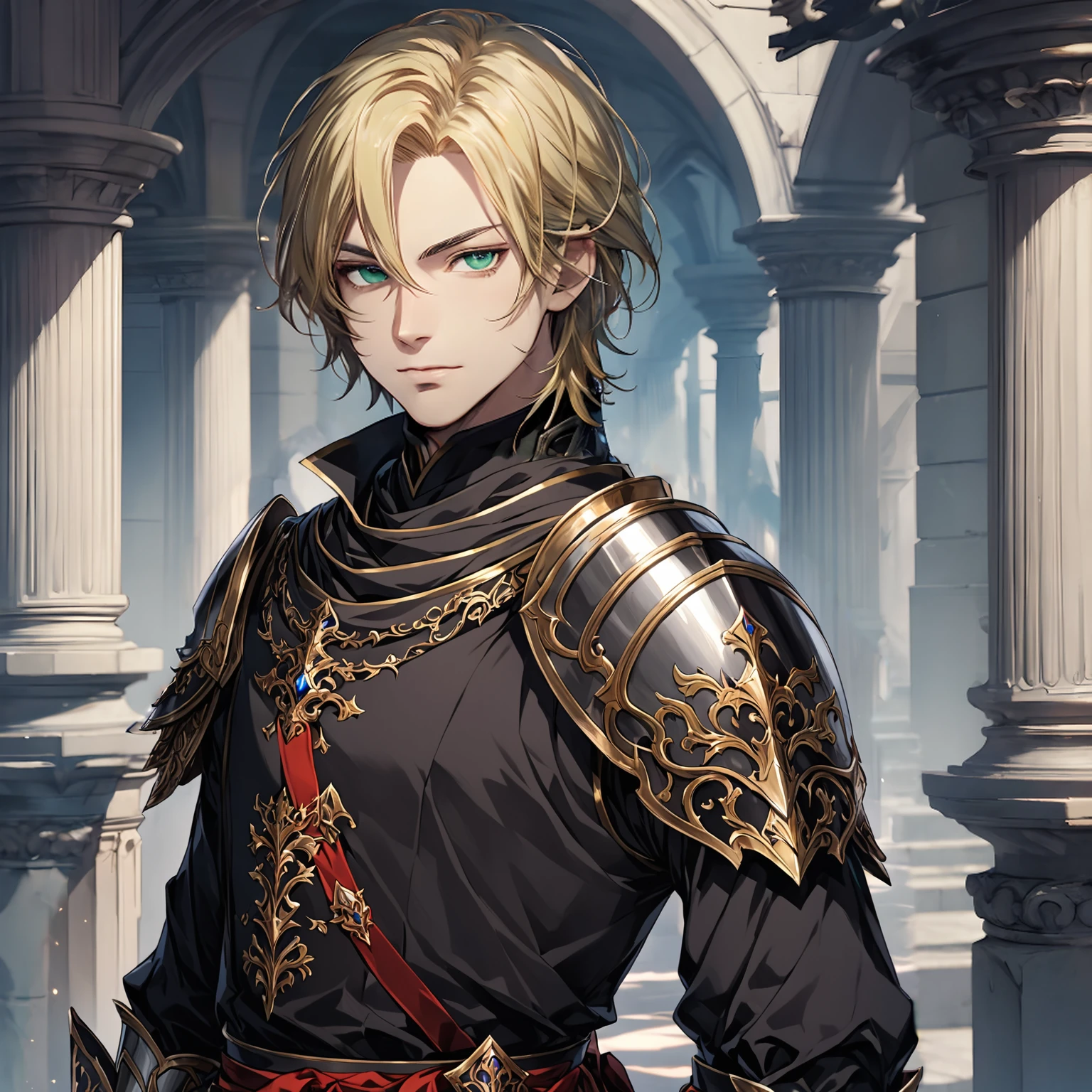 masterpiece, best quality, 1man, adult, male focus, solo, blonde hair, medium hair, vibrant black eyes, looking at viewer, closed mouth, Fantasy aesthetics, Highly detailed, shadowverse style, elite knight