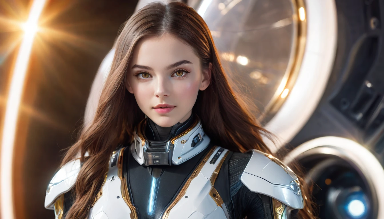 a beautiful 19 yo Arkansas woman with long brown hair, amber eyes, wearing a New Foundland military space battle suit next to gold and chrome futuristic Venusian spacecraft, intricate detailing, HDR, vibrant contrast, 32k resolution, luminism lighting techniques, ultra-realistic digital render, bokeh, mass effect, close up black, beauty, pure perfection, divine presence, unforgettable, impressive, breathtaking beauty, Volumetric light, auras, rays, 8k uhd, dslr, soft lighting, high quality, natural textures 8k masterpiece canon eos r4s 50
