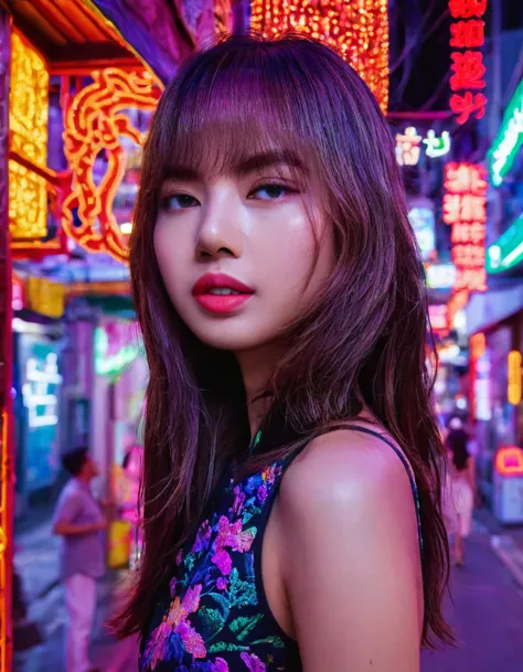 a beautiful young woman, detailed face of lisa, standing in the middle of yaowarach street in bangkok's china town, surrounded b...