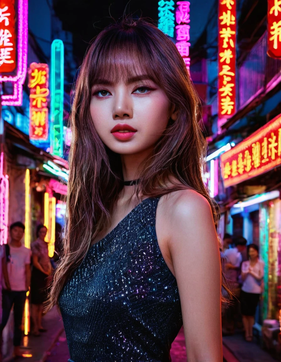 a beautiful young woman, detailed face of lisa, standing in the middle of yaowarach street in bangkok's china town, surrounded by neon lights and contrast, spotlight on her only, no other people, intricate details, hyper realistic, photo-realistic, masterpiece, 8k, high quality, beautiful vivid colors, dramatic cinematic lighting, stunning composition, captivating atmosphere