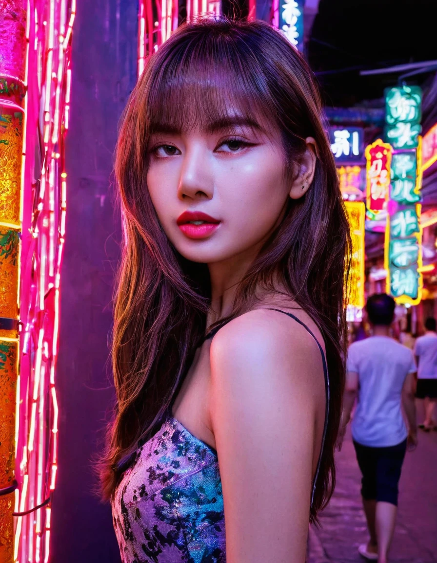 a beautiful young woman, detailed face of lisa, standing in the middle of yaowarach street in bangkok's china town, surrounded by neon lights and contrast, spotlight on her only, no other people, intricate details, hyper realistic, photo-realistic, masterpiece, 8k, high quality, beautiful vivid colors, dramatic cinematic lighting, stunning composition, captivating atmosphere