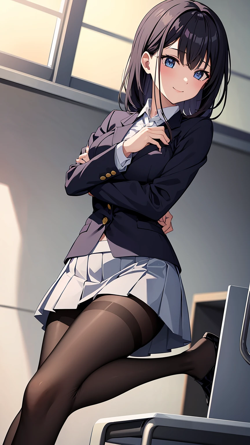 One Girl, Five Fingers, mini skirt, Looking down at the viewer, Black Hairロングヘアー, Highest quality, Focus on the thighs, Dynamic pose, smile, blazer, blouse, Black Pantyhose, panties under pantyhose, Standing Split, classroom, Black Hair, Stylish pose,My thighs and groin are steamy 