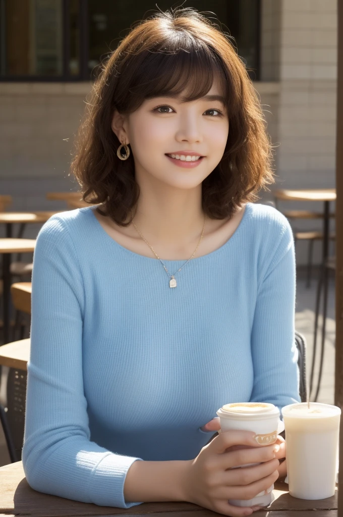 ((Best Quality, 8k, Masterpiece:1.3)), 40k, Perfect Body Beauty:1.4, cinematic lighting, curly hair, short hair, straight Bangs, wearing a light blue crewneck dress , 18 age , (sunny, street:1.2), (in front of cafe:1.2), Highly detailed face and skin texture, big eyes, Detailed eyes, Double eyelids, whitening skin, perfect face, mask,(huge breast, looking into the distance), (nighttime), smile,  earrings, necklaces, coffee on table, (a women sitting in front of cafe), 