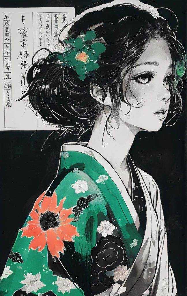 (highest quality, sketch:1.2), High resolution:0.75, Illustrator,anime, 1 girl, detailed lips, yukata、green dress,custom, (Dark monochrome background),neon hair,Texture Cropping, masterpiece, style, Retro Classic, Dark Black, Art Station, sketch book, bob hair [green:1.75] [neon:1.32], (Dark monochrome background:2.1), epic realistic, detailed