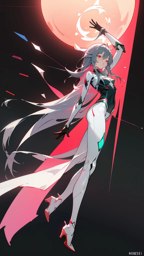 8k, masterpiece, concept_art, (Fu_Hua), (Herrscher_of_Sentience), grey_hair, red_eyes, (plug_suit), white_bodysuit, glowing_bodysuit, pink_accents, green_crystal_on_chest, high_heels, (mystical_armor)