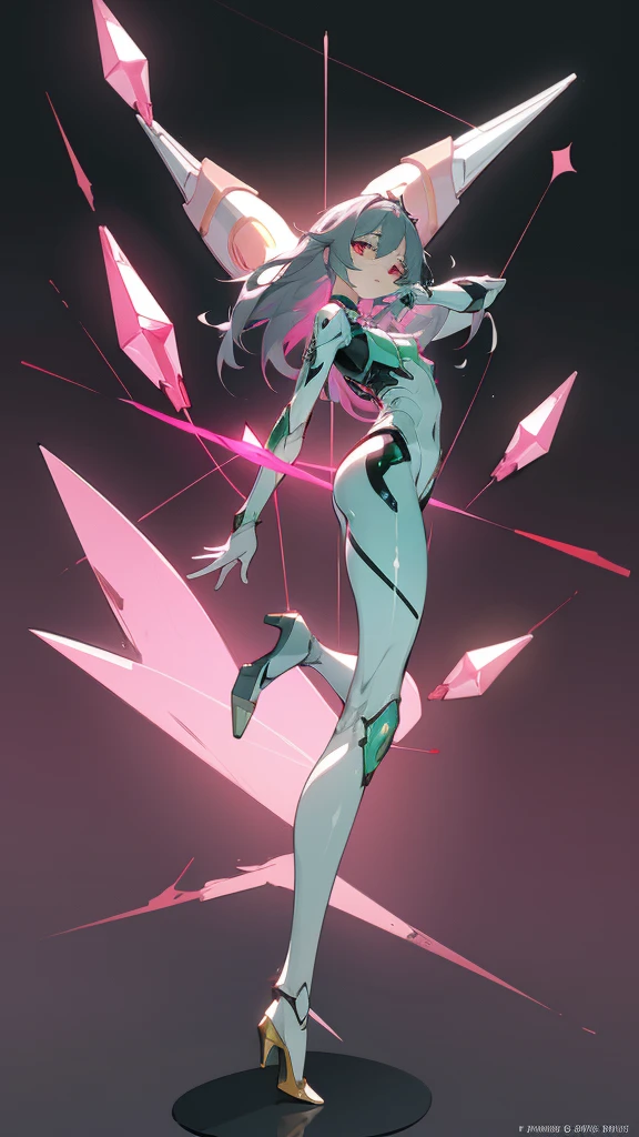 8k, masterpiece, concept_art, (Fu_Hua), (Herrscher_of_Sentience), grey_hair, red_eyes, (plug_suit), white_bodysuit, glowing_bodysuit, pink_accents, green_crystal_on_chest, high_heels, (mystical_armor)