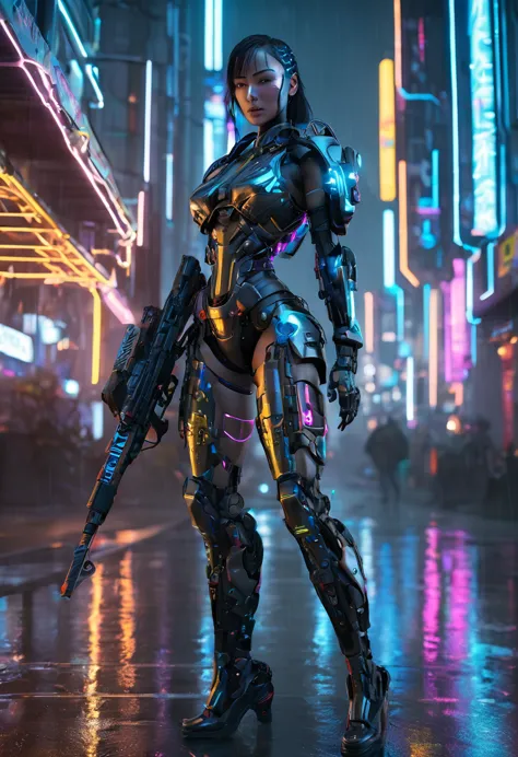 Cyberpunk female cyborg warrior、Neon cyberpunk city on a rainy night、Cybernetic Futuristic Rifle、Exquisite metal robot body、Glow...