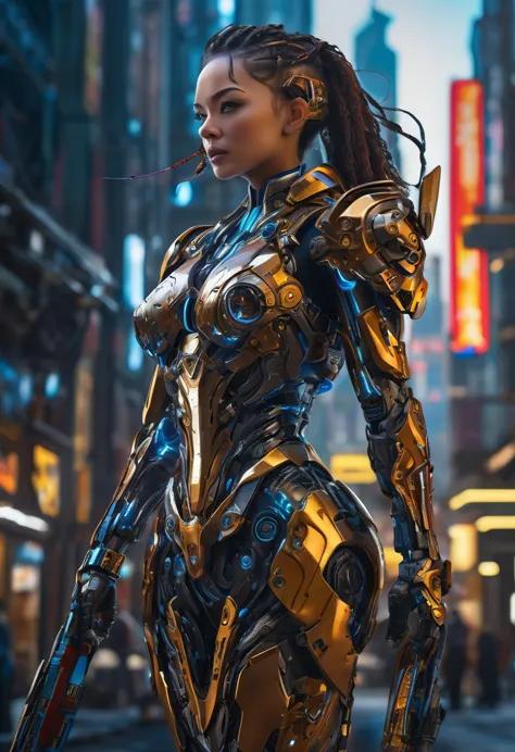 A highly detailed, beautiful female cyborg warrior, detailed mechanical parts, glowing cybernetic enhancements, dramatic lightin...