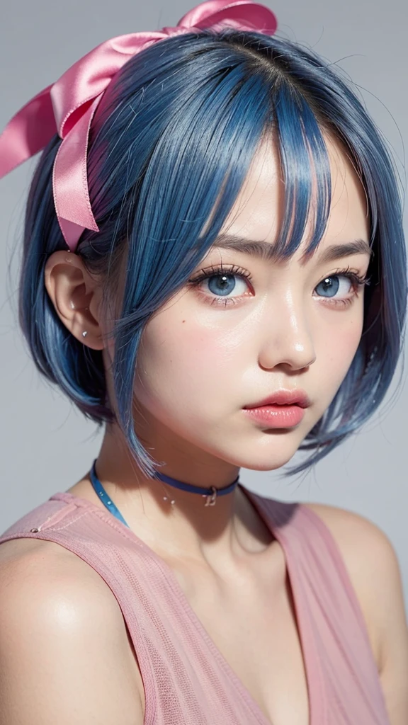 R_it is_meter, 1 girl,(beautiful face:1.25) short blue hair, blue eyes, hair above one eye, hair ornaments, pink hair ribbon, Rem&#39;s maid outfit, removed sleeve,  Upper body, Are standing,indoors, living room, sofa, table, window