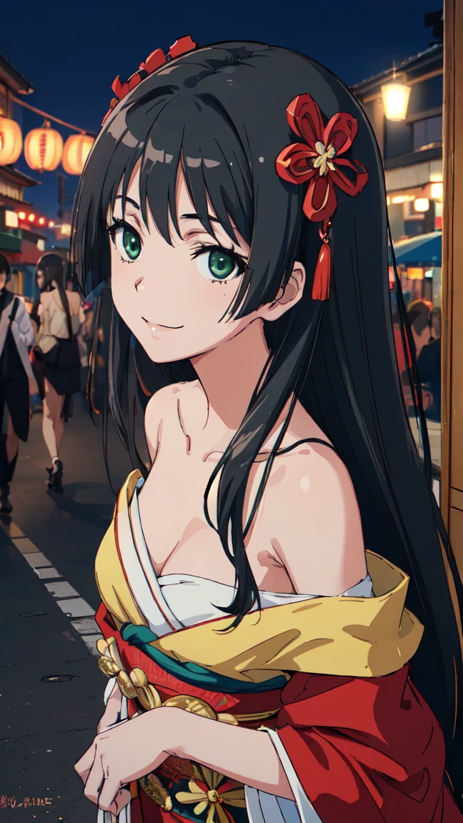  (High resolution:1.4), (masutepiece:1.2), (High quality:1.3) 1girl, saten ruiko, green eyes, long hair, black hair, small breast, Oiran fashion, The city of Kyoto, cinematic lighting,  pov, dynamic angle, off shoulder, smile,