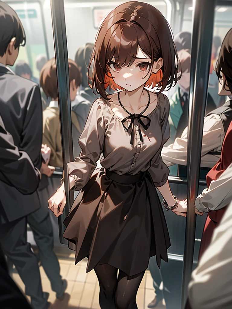Reddish brown short length hair、gray chiffon blouse、Flared sleeves、ボウタイ、ribbon、Tight Skirt、Black Stockings、necklace、TİTS、slender、In a crowded train、Messed up、slender、High resolution face、Drawn eyes、