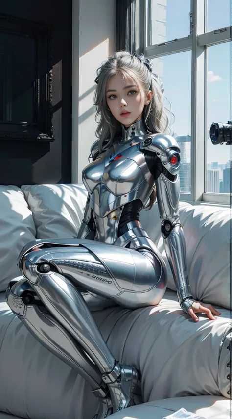 Araffe is wearing a silver suit sitting on the sofa. Cyborg - Silver-haired girl. Cybersuit. Cybersuit. Beautiful white girl cyb...