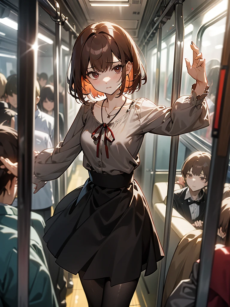 Reddish brown short length hair、gray chiffon blouse、Flared sleeves、ボウタイ、ribbon、Tight Skirt、Black Stockings、necklace、TİTS、slender、In a crowded train、Messed up、slender、High resolution face、Drawn eyes、