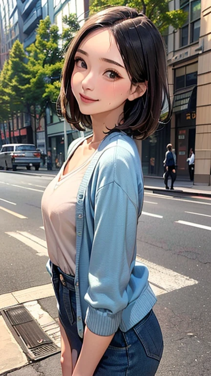 1 Woman, Japanese Woman,(Housewife:1.5),(40 Years Old:1.68),(Attractive Mature Woman:1.66),(Middle Age:1.78),(Small Round Face:1,69),(small breasts:1.5),((graduated haircut)),(Casual,cardigan,Camisole:1.25), (jeans),(((New York, streets, trees, sidewalks))),(smile:1.3),(acrobatic pose:1.15)