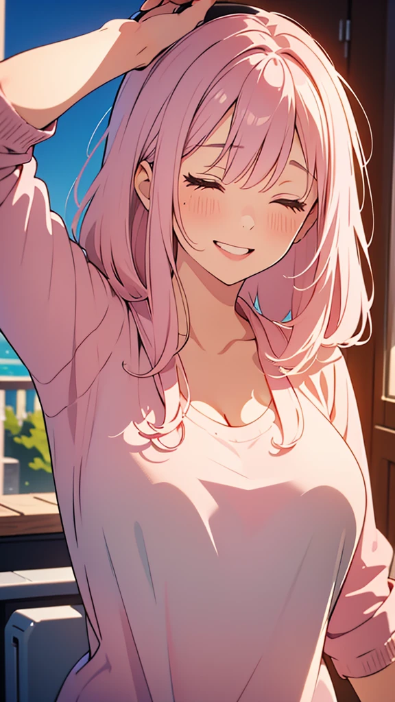 (High quality:1.4),(best quality:1.4),(masterpiece:1.4),(busty breasts:1.2),(beautiful face:1.3),(beautiful woman:1.3),(pale pink hair:1.4),medium hair,a mole around the mouth,(enjoy:1.6), (burst into laughter:1.4), (squinting:1.4),,beige sweater,close-up,(closed eyes:1.2)