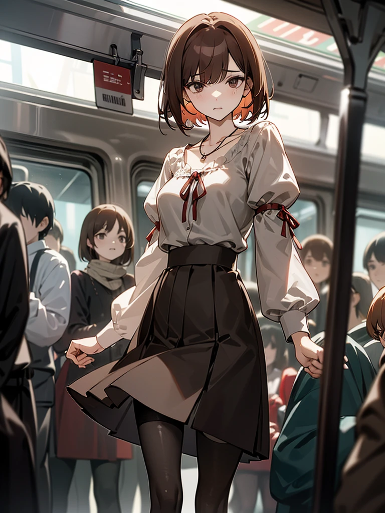 Reddish brown short length hair、gray chiffon blouse、Flared sleeves、ボウタイ、ribbon、Tight Skirt、Black Stockings、necklace、TİTS、slender、In a crowded train、Messed up、slender、High resolution face、Drawn eyes、