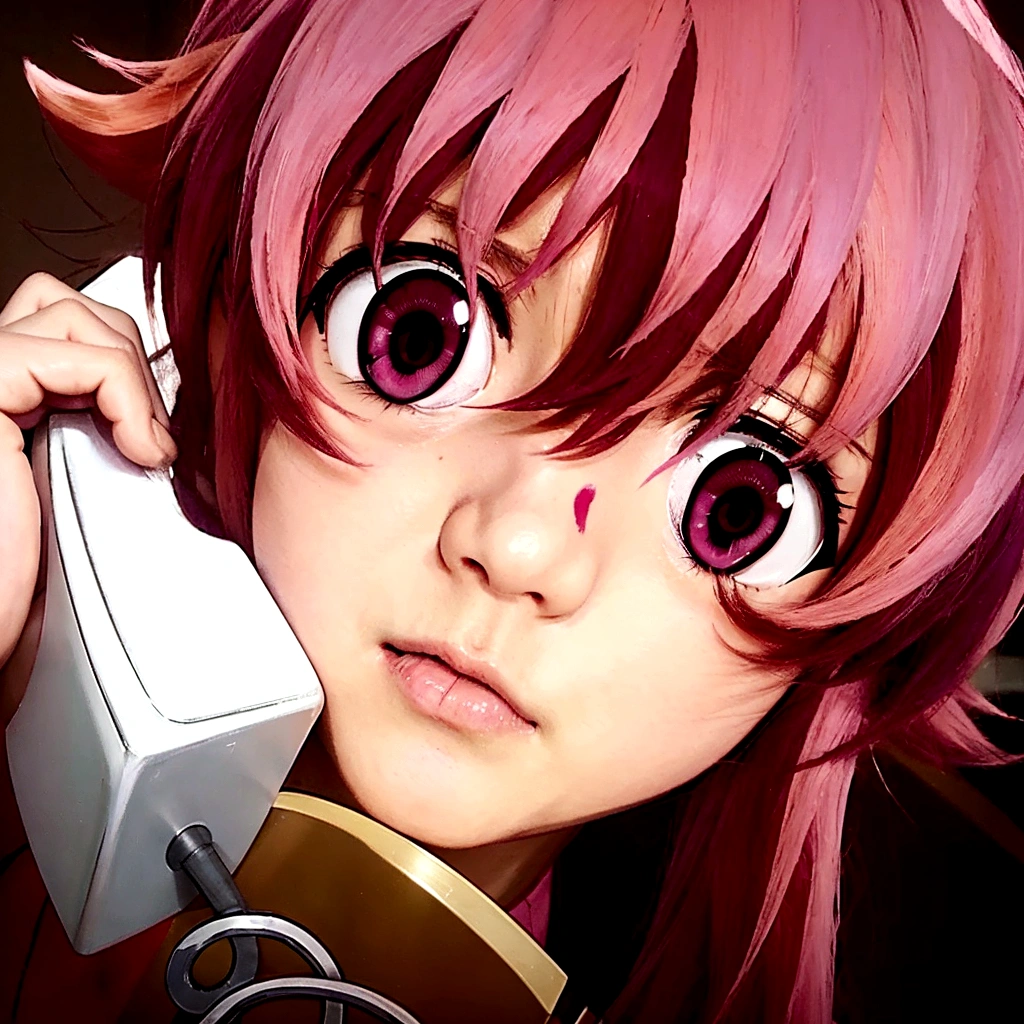 anime girl with pink hair talking on a cell phone, anime girl named gasai yuno, mirai nikki,  gasai yuno, gasai yuno, mirai nikki, mirai nikki, in the anime film, gasai yuno, mirai nikki, still from tv anime, today's featured anime still