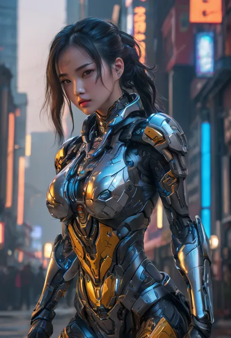 A very skilled and beautiful female cyborg warrior、Exquisite Machine Parts、Glowing Cybernetic Enhancements、Perfect Skin、Delicate...