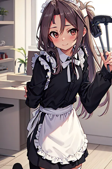 a anime version of a girl in maid outfit kneeling on a floor, 1girl, zuihou (kancolle), solo, long hair, alternate costume, maid...