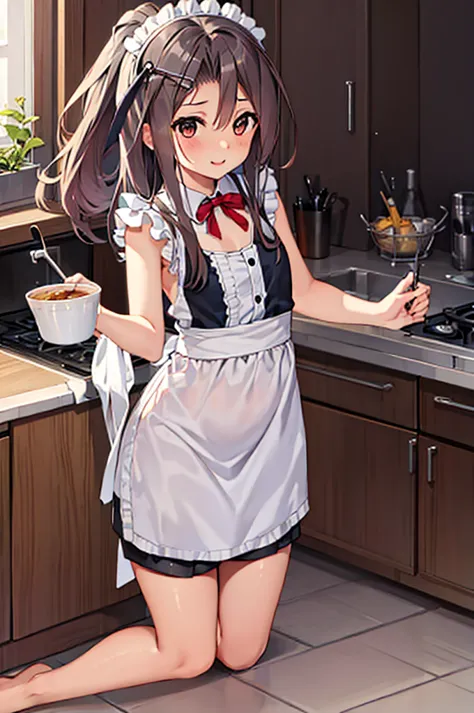 a anime version of a girl in maid outfit kneeling on a floor, 1girl, zuihou (kancolle), solo, long hair, alternate costume, maid...