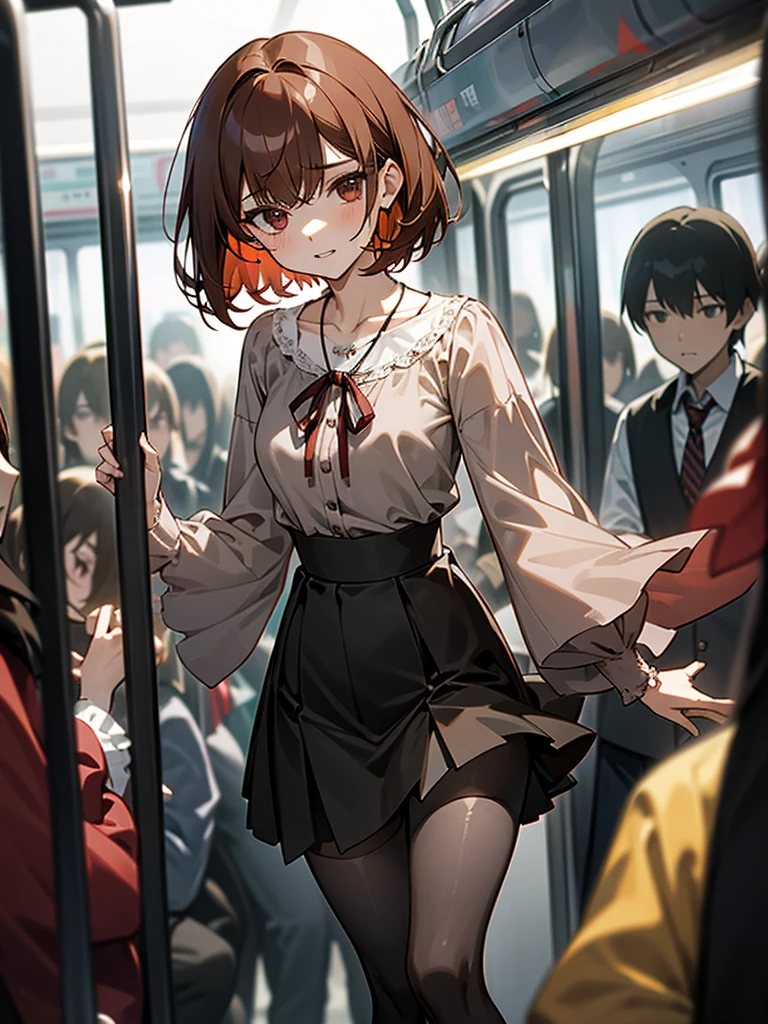 Reddish brown short length hair、gray chiffon blouse、Flared sleeves、ボウタイ、ribbon、Tight Skirt、Black Stockings、necklace、TİTS、slender、In a crowded train、Messed up、slender、High resolution face、おっぱい

