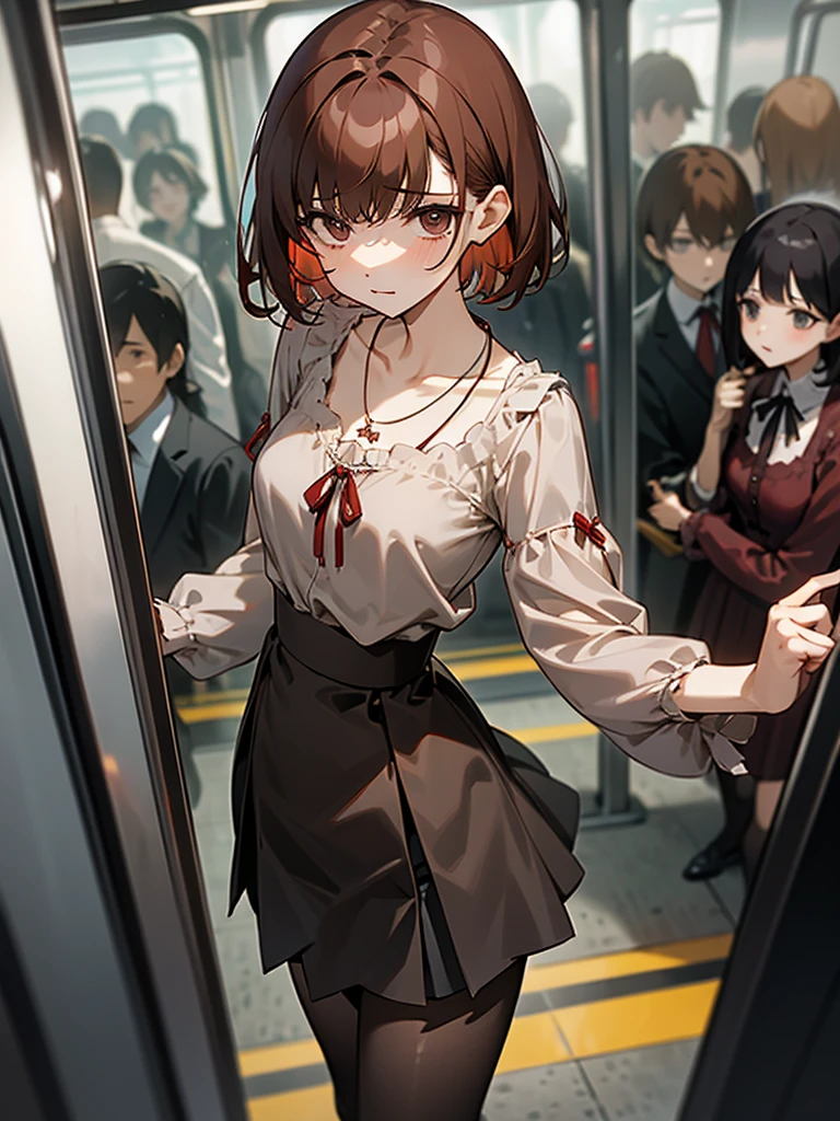 Reddish brown short length hair、gray chiffon blouse、Flared sleeves、ボウタイ、ribbon、Tight Skirt、Black Stockings、necklace、TİTS、slender、In a crowded train、Messed up、slender、High resolution face、おっぱい

