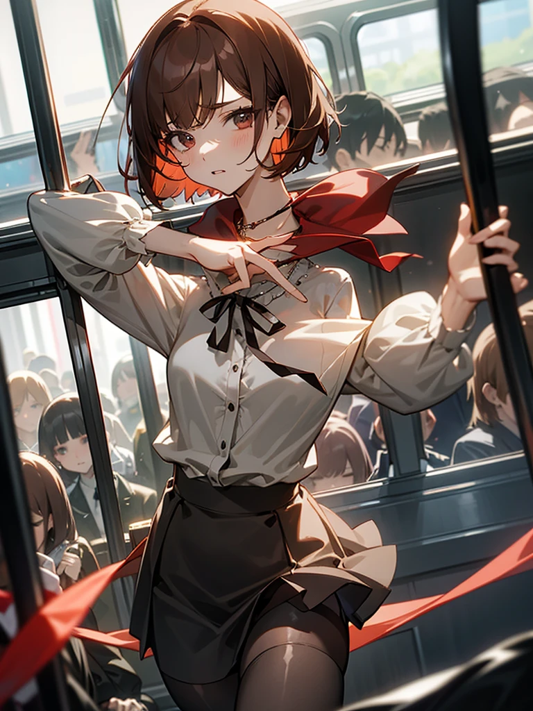 Reddish brown short length hair、gray chiffon blouse、Flared sleeves、ボウタイ、ribbon、Tight Skirt、Black Stockings、necklace、TİTS、slender、In a crowded train、Messed up、slender、High resolution face、おっぱい

